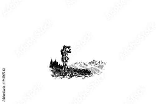 A man looks at the mountains through binoculars while hiking, Vintage Camping Illustration, Rustic Outdoor Heritage Vector, Engraving Style, Black and White Linocut Graphic