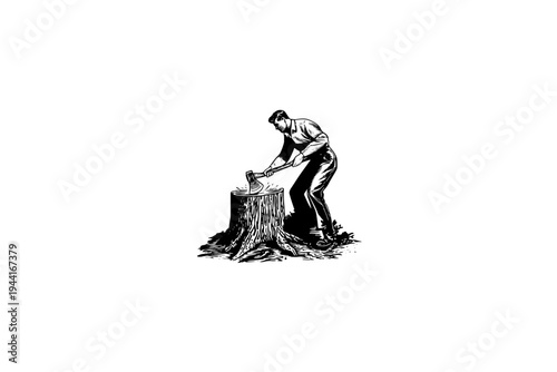 A man chops wood, Vintage Camping Illustration, Rustic Outdoor Heritage Vector, Engraving Style, Retro Americana Aesthetic, Black and White Linocut Graphic for Branding and Apparel Design