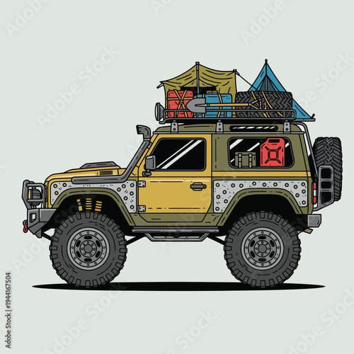 Yellow Off Road Adventure Vehicle Loaded for Expedition.