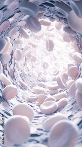 Close-up view of white blood cells flowing through a blood vessel interior.