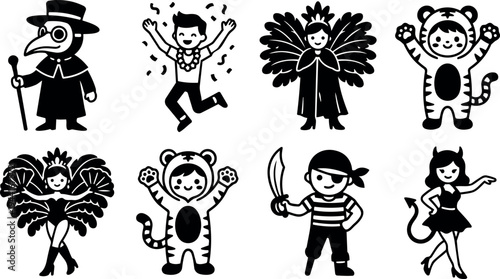 Flat design cartoon party people in various costumes including plague doctor tiger pirate and devil celebrating with joyful poses and happy expressions