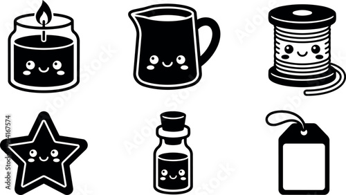 Cute kawaii style smiling candle pitcher spool star bottle and tag vector icons in black and white minimal design