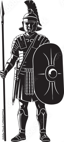 Powerful black and white vector illustration of a determined Roman soldier, prepared for ancient warfare with his iconic shield and long spear, embodying historical strength and discipline