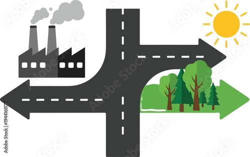 Crossroad path choice between industrial factory pollution and green natural forest under sun representing future options