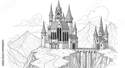 Majestic fantasy castle illustration on a mountain cliff, medieval fairytale architecture, intricate line art for coloring books