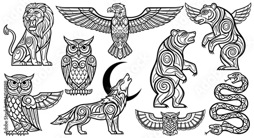 Stylized Animal Vector Art Set: Lion, Eagle, Bear, Owl, Wolf, Snake. Ornate Black and White Folk Art Line Illustrations.
