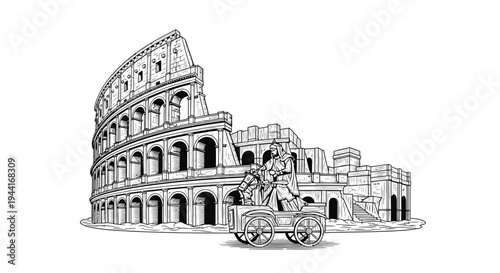 Ancient stone amphitheater with a futuristic mechanical figure pulling a cart. Historical architecture line art illustration.