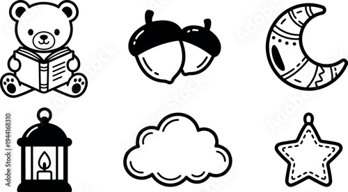 Black and white vector icons set including teddy bear reading book acorns crescent moon candle lantern cloud and star