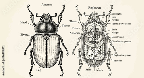 Vintage scientific illustration of a beetle's external and internal anatomy, detailed diagram showing insect body parts and organs, biological educational resource.