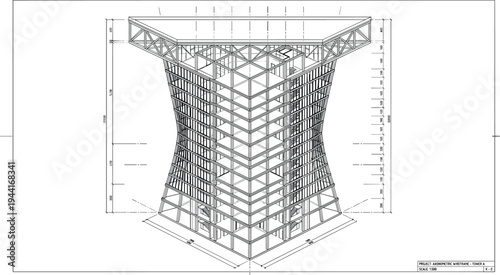 Technical 2D architectural elevation of a tapered modern skyscraper featuring structural grid lines, floor height dimensions, and an industrial truss roof system.