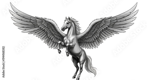 Detailed grayscale illustration of a majestic mythological winged horse, Pegasus, rearing up with large feathered wings spread on white.