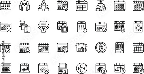 Calendar scheduling and appointment management line icon set featuring event planning reminders meeting organization and business timetable tools