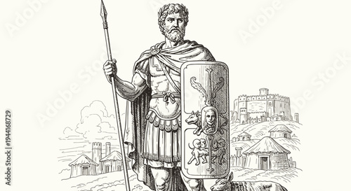 Vintage engraving of a Roman-style general or emperor, armed with spear and shield, standing before an ancient fort on a hill.