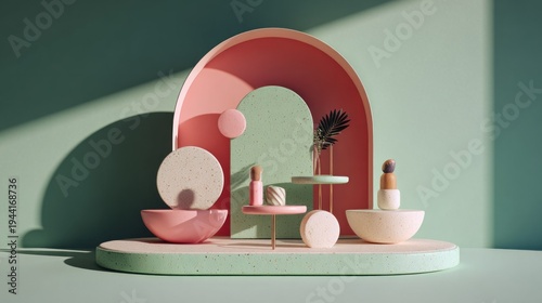 Minimalist geometric composition featuring pastel colors and organic shapes creates a soft product display