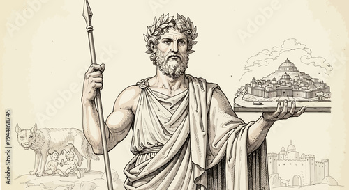 Classical Roman Deity or Emperor with Laurel Wreath, Spear, and Miniature City, Mythical Wolf and Ancient Architecture