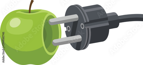 Green apple with an electrical plug inserted into it symbolizing natural energy and sustainable power sources