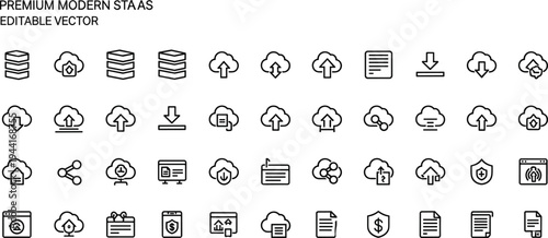 Cloud computing and data management line icon set featuring upload download storage backup synchronization security and SaaS technology