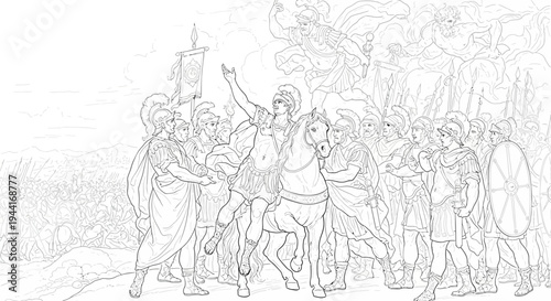 Detailed line art illustration of an ancient military leader on horseback addressing his army under watchful mythological figures.
