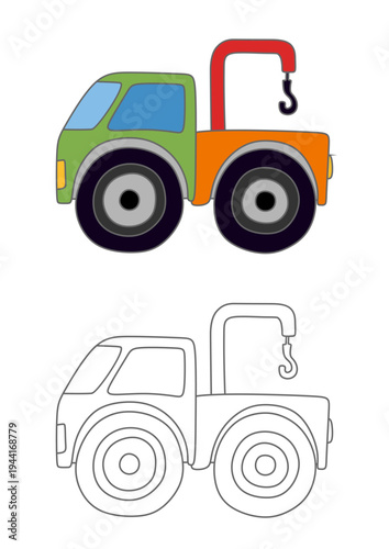 Coloring book for children with truck with big wheels and crane manipulator. Colored and outline pictures. 