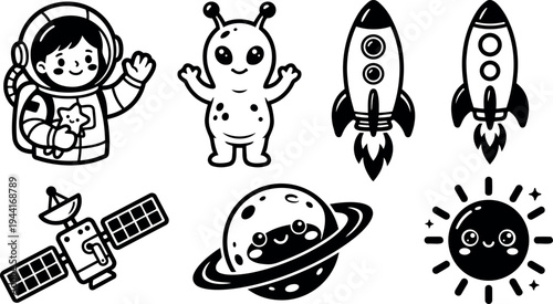 Cute kawaii astronaut waving holding star friendly alien happy space rockets satellite smiling cartoon vector icons set