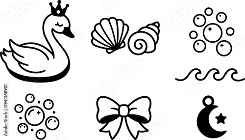 Monochrome vector set including crown swan with closed eyes shell wave bubbles bow crescent moon and star icons