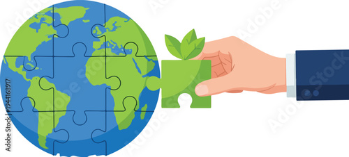 Hand connecting a puzzle piece with green leaves to a world map puzzle representing global environmental solution