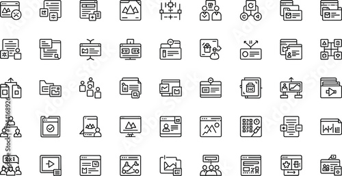Business workflow and corporate management line icon set featuring dashboards reports communication collaboration and analytics