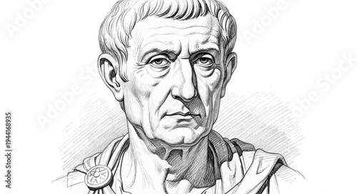 Detailed vintage sketch of an ancient Roman leader or statesman, powerful historical figure in classical attire, serious expression
