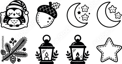Cute owl sleeping with pillow wearing hat acorn with leaf crescent moon with smiling stars pine branch with cones candle lantern with leaves stitched star icon set in black and white vector art