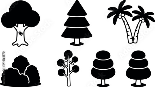Flat design black silhouette collection of various tree types including oak pine palm bush and stylized foliage icons