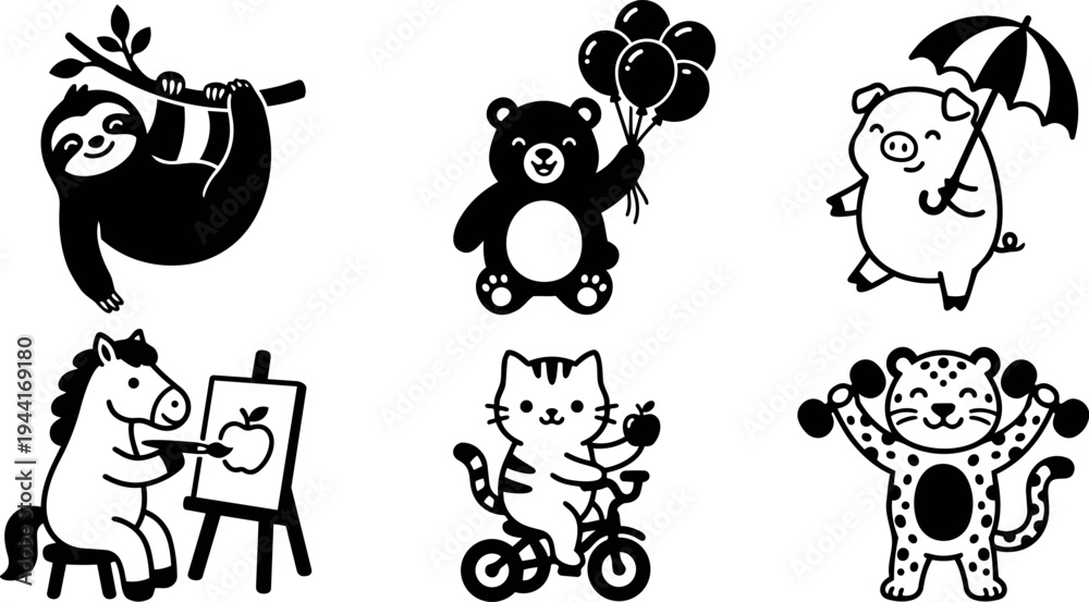 Fototapeta premium Cute cartoon animals including sloth hanging on branch bear holding balloons pig with umbrella horse painting apple cat riding bicycle and leopard lifting weights