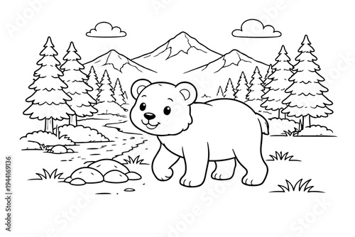 Cute bear cub walking through a simple line art forest landscape with mountains and river, a charming outline illustration for children's coloring page activity
