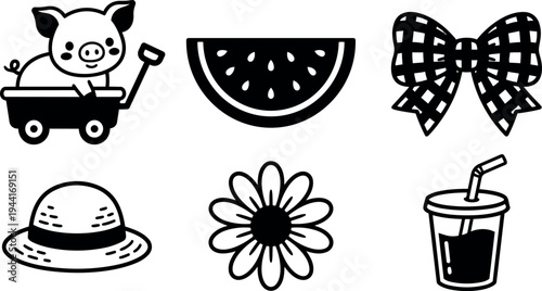 Cute pig sitting in wagon watermelon slice with seeds gingham bow hat daisy flower and drink cup with straw vector icons set