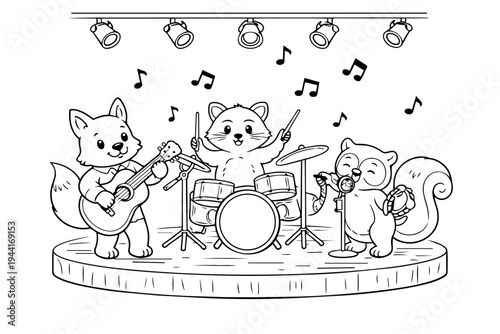 Cute animal band on stage: fox strums acoustic guitar, raccoon plays drums, squirrel sings into a mic and shakes a tambourine under spotlights, joyful concert scene