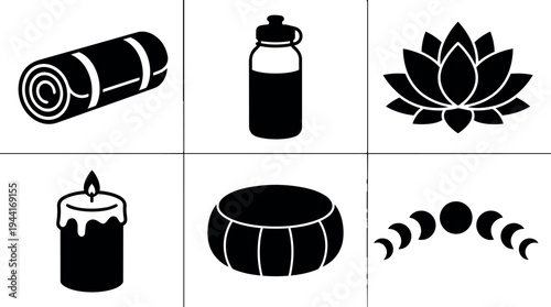 Black silhouette flat design set of rolled yoga mat water bottle lotus flower candle meditation cushion and moon phases symbols