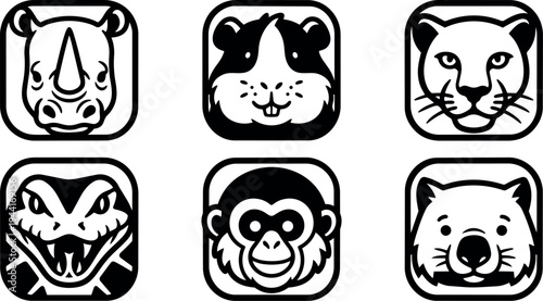 Black and white flat design animal faces icons including rhino guinea pig leopard snake monkey and bear in simple square frames
