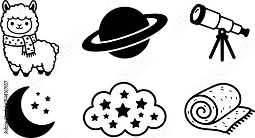 Flat design black and white llama with scarf planet with rings telescope crescent moon stars cloud with stars and rolled carpet vector icons set