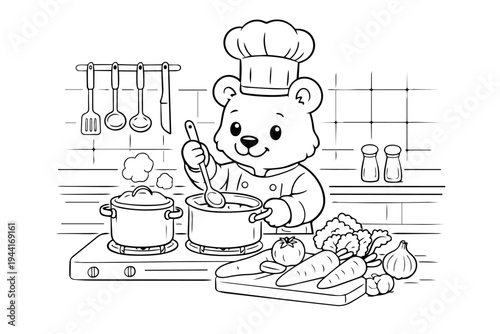 Cute cartoon bear chef wearing a toque blanche, stirring a pot on the stove, preparing a meal with fresh vegetables in a kitchen for kids' coloring