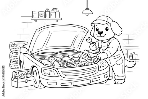 Cute cartoon dog auto mechanic fixing a car engine in a garage, holding a wrench, standing by open hood with toolbox, detail illustration for children coloring page concept