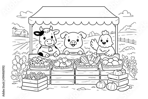 Cow, pig, and chicken farm animals selling fresh organic fruits and vegetables at a happy farmer's market stall, enjoying healthy harvest agriculture