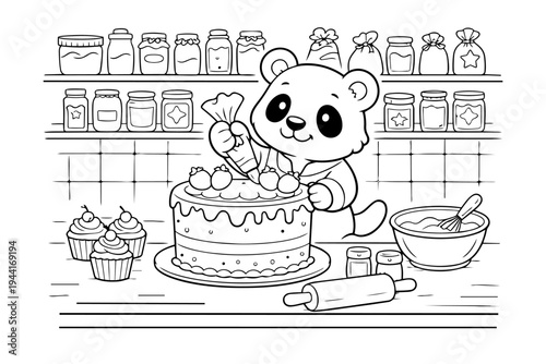 Animated panda chef happily decorating a large birthday cake with frosting and berries in a kitchen, surrounded by cupcakes, mixing bowl and baking tools, cute vector line art