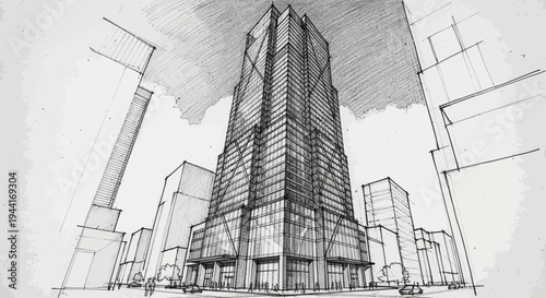 Detailed architectural drawing of a modern skyscraper. Urban city building sketch, contemporary design concept for development.