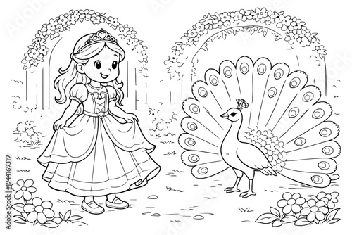 Princess standing in a blooming garden with a majestic peacock spreading its tail, children's coloring page outlining a fairytale scene with flowers and royal elements