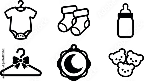 Minimalist black line baby clothing icons including bodysuit on hanger socks bottle hanger with bow crescent moon and teddy bear faces set