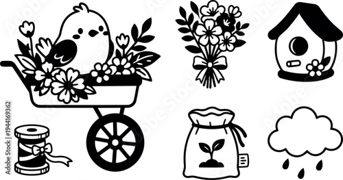 Black and white vector art of bird sitting in floral wheelbarrow with flower bouquet birdhouse seed bag and rain cloud icons