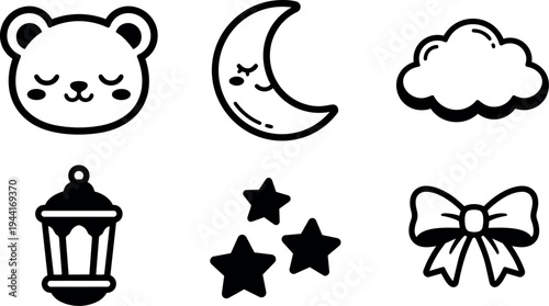 Calm sleeping bear moon crescent cloud lantern stars and decorative bow black line art vector icons set