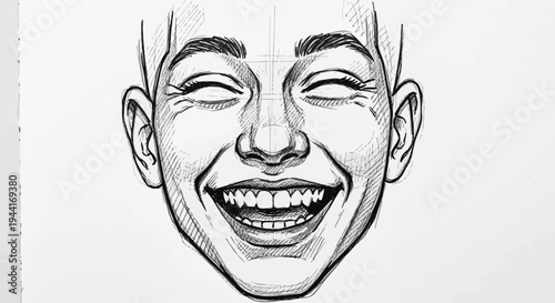 Detailed hand-drawn sketch of a person's joyous laughing face, eyes closed, mouth open wide, expressing happiness and pure delight.
