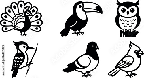 Black and white vector art set of six birds including peacock toucan owl woodpecker pigeon and cardinal silhouette design icons collection