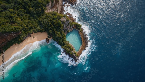 Aerial View of Serene Beach and Turquoise Water Cove in Paradise