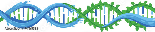 Organic DNA helix structure combined with water waves and green leaves symbolizing biological science and biotechnology